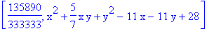 [135890/333333, x^2+5/7*x*y+y^2-11*x-11*y+28]